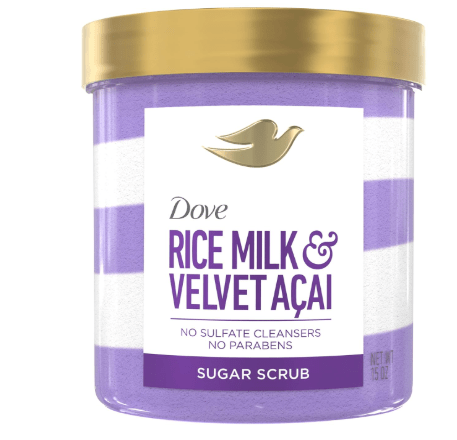Dove Sugar Body Scrub Velvet Acai & Rice Milk For Women For Exfoliated & Hydrated skin 15 OZ