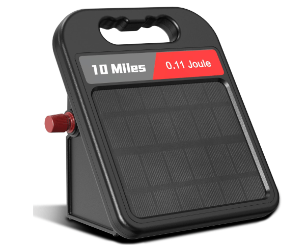 Solar Electric Fence Charger-0.11J-10 Miles, Maximum Output Voltage 8100V- Provide 24-Hour Uninterrupted Protection for Livestock and Yards with Rechargeable Solar Panel Black