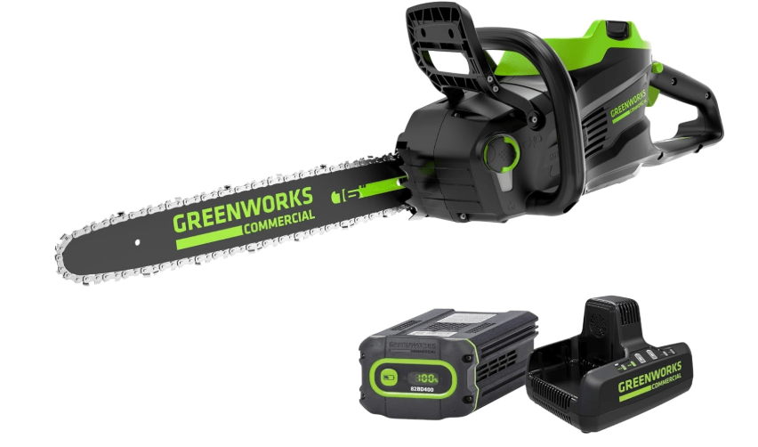 Greenworks 82V 16" Brushless (2.4 kW) Cordless Chainsaw (225 Cuts Per Charge), 4.0Ah Battery and Dual Port Rapid Charger (