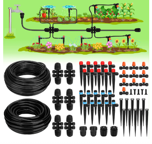 Drip Irrigation System, 40FT 1/2" Mainline & 100FT 1/4" Tubing, with Adjustable Drip Emitters Misting Sprinkler, Efficient Sprinkler System Kit for Flower Bed, Raised Bed, Greenhouse, Lawn