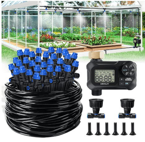 HIRALIY 118FT Greenhouse Misting Drip Irrigation Kit with Water Timer, Quick Connector Design Garden Watering System, Automatic Irrigation System with Tubing, Nozzles for Hanging Plants, Raised Bed
