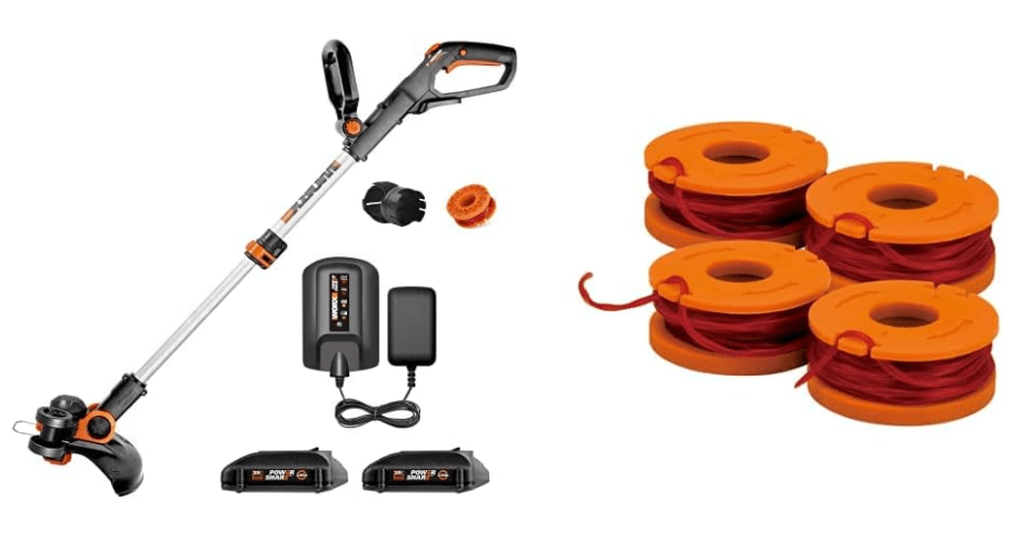 Worx WG163 GT 3.0 20V PowerShare 12" Cordless String Trimmer & Edger (Battery & Charger Included) and WA0047 4-Pack String Trimmer Replacement Line, Orange
