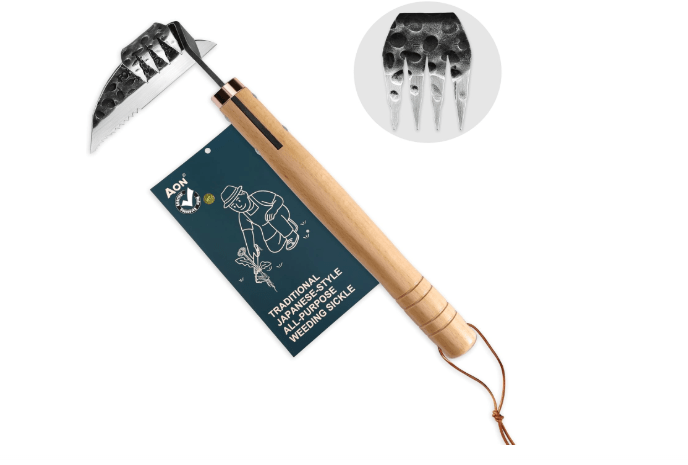 AON All-Purpose Japanese Weeding Sickle & Razor Hand Hoe, Forged Steel Weed Puller Tool with Sharp Edge & 4-Tine for Digging