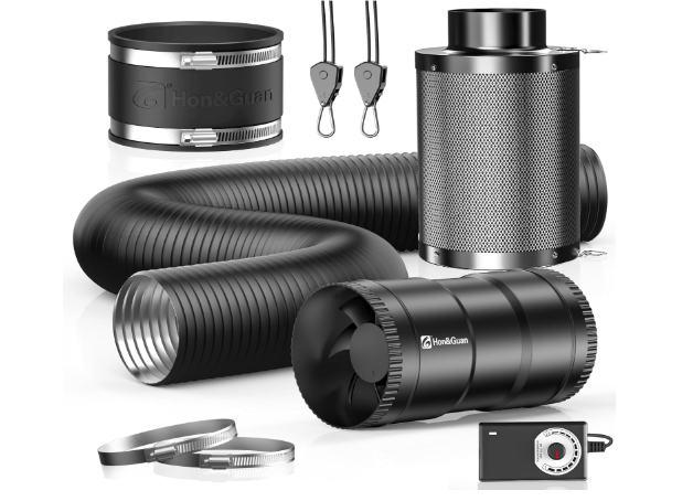 Hon&Guan 4" Air Filtration Kit: 4 Inch Inline Duct Fan with Speed Controller, 10" High Carbon Filter, 8 Ft Ducting & Rubber Coupler, Ventilation System for Grow Tents, Indoor Gardening, Hydroponics