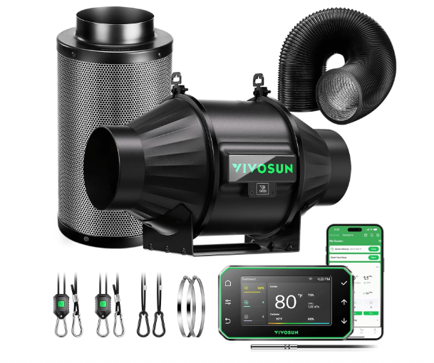 VIVOSUN Smart Air Filtration PRO T4 Kit 4", AeroZesh T4 Inline Duct Fan w/GrowHub E42A+ Temp. Humidity WiFi-Controller, Carbon Filter & Ducting Ventilation System for Grow Tent, Hydroponics
