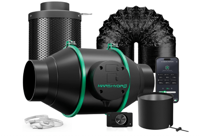 MARS HYDRO iFresh Smart APP 4'' Inline Duct Fan Combo,Quiet Grow Tent Ventilation System Kit with Variable Speed Controller,Carbon Filter and Ducting, Exhaust Fan Kit for Grow Room Cooling