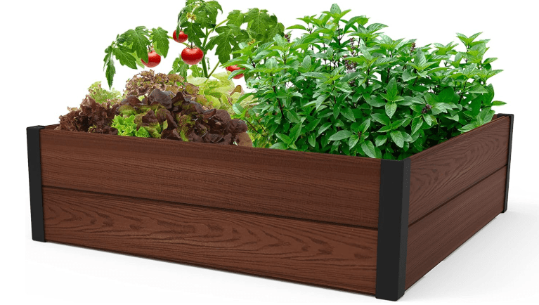 Keter 48" X 48" inches Wood Look Raised Garden Bed, Durable Outdoor Herb Garden Planter for Vegetables, Flowers, and Succulents, Brown