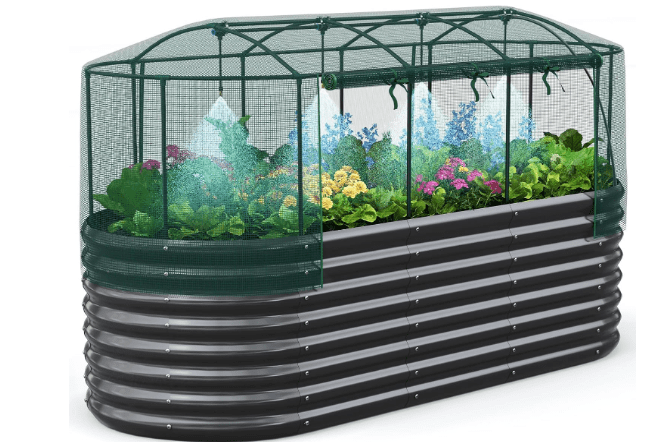 Quictent Galvanized Raised Garden Bed Kit with Self Watering System and Mesh Cover, Large Oval Metal Outdoor Planter Garden Boxes for Vegetables Herbs Flowers, 8x3x2Ft