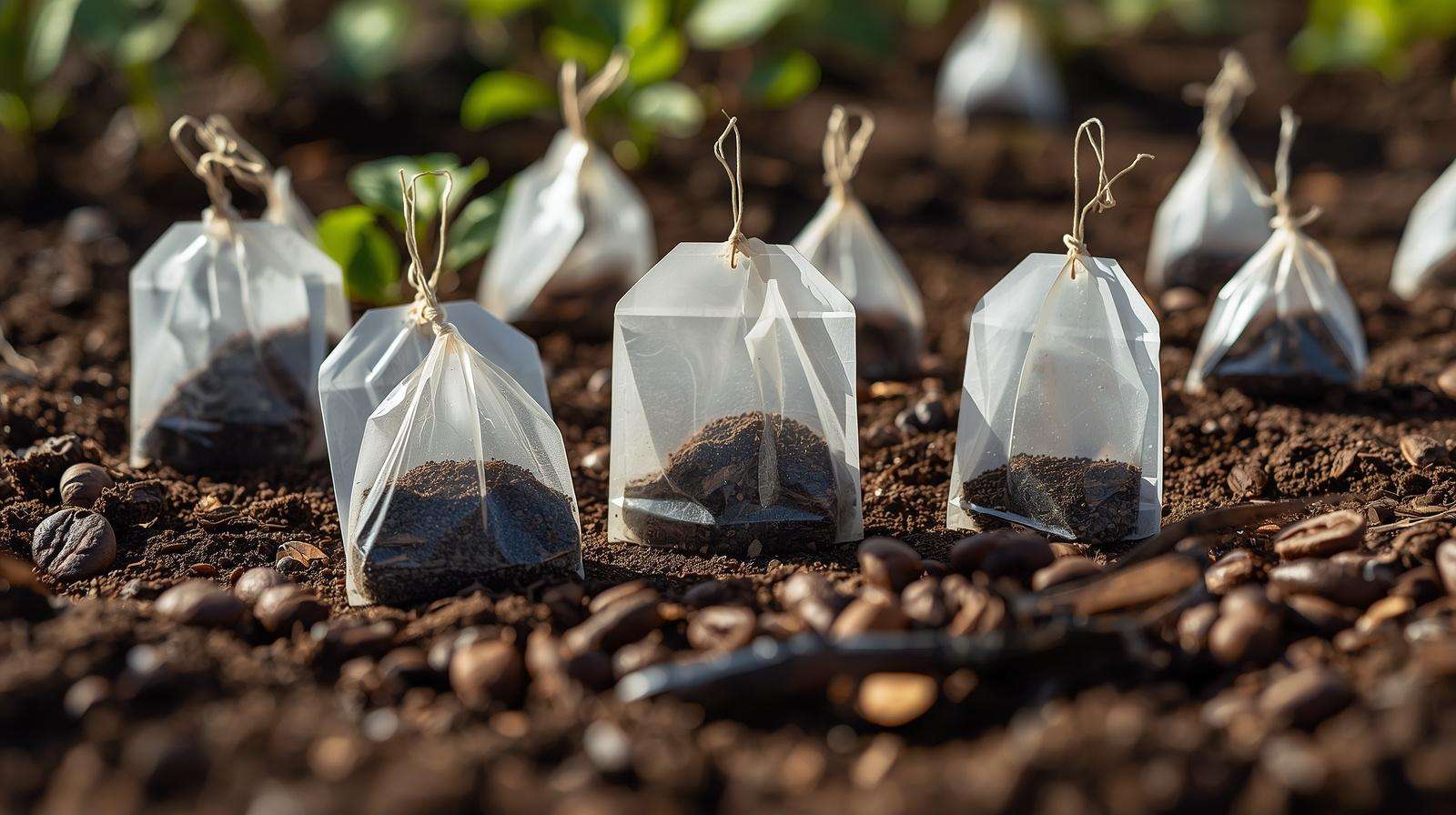 Tea bags and coffee grounds in the garden