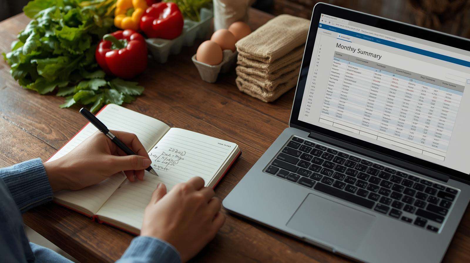 Monthly routine for tracking homestead finances with ledger and spreadsheet