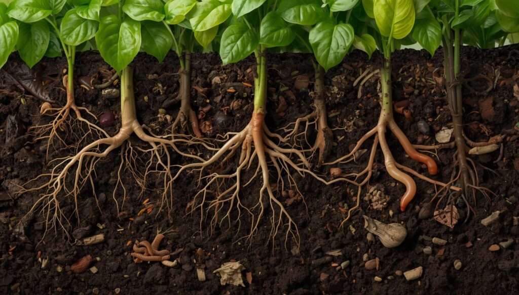 Soil cross-section showing plant roots and beneficial organisms supporting healthy crop rotation systems