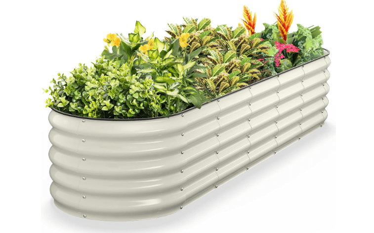 Kesfitt Raised Garden Bed, Metal Galvanized Steel Oval Garden Bed 8x2x1.5 ft with 18-Inch Deep Open-Bottom Design for Outdoor Vegetable Gardening, Pearl White