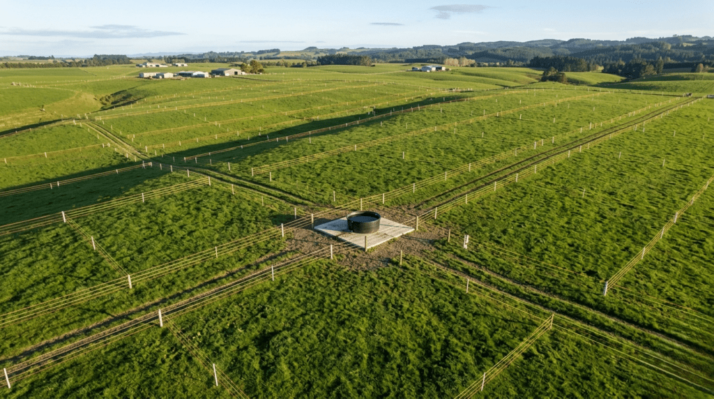 Field sequential grazing system showing cattle, sheep, and chickens in separate paddocks following one another to maximize pasture use and sanitize land.
