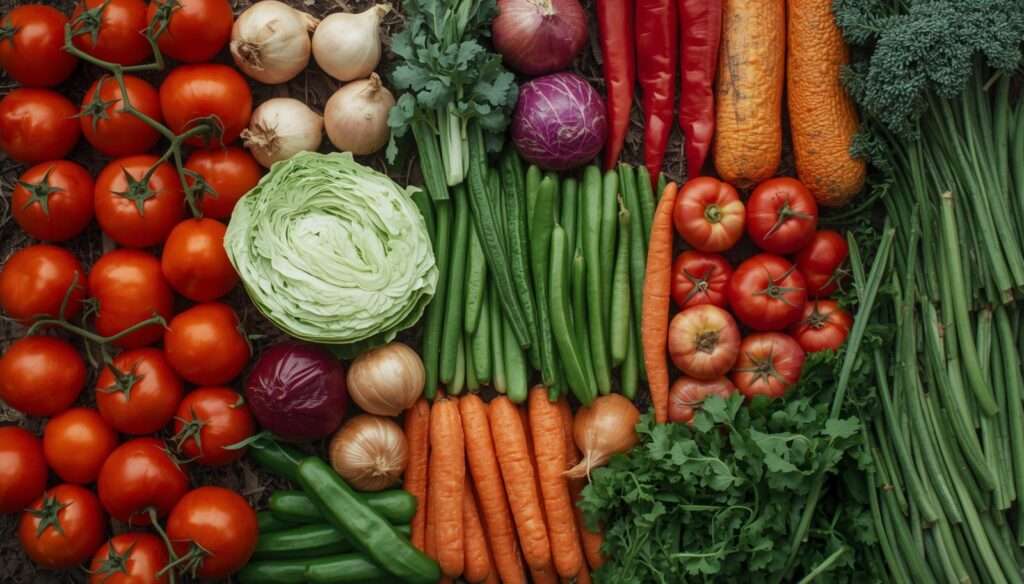 Different vegetable types grouped together showing crop families for garden rotation planning