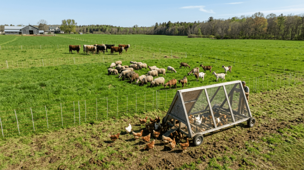 Aerial view of a pasture divided into multiple small paddocks using flexible polywire electric fencing and a central water trough system.