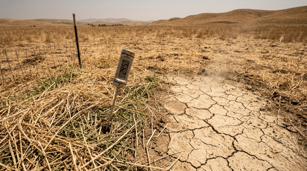 Close-up of protective standing grass residue in a rotationally grazed field during drought, keeping soil cool and moist compared to bare earth.