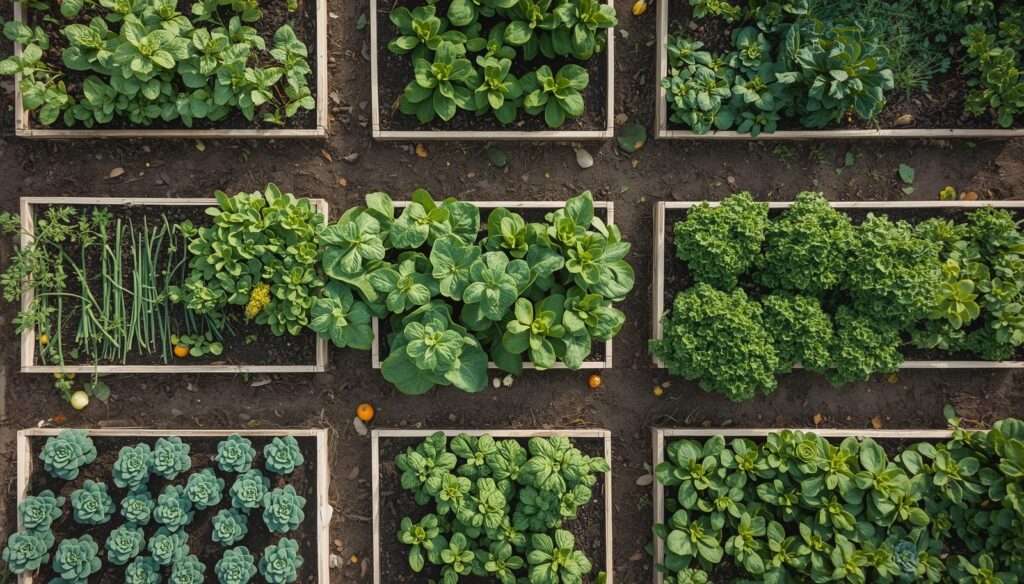 Raised garden beds showing crop rotation sequence with different vegetables planted in each plot