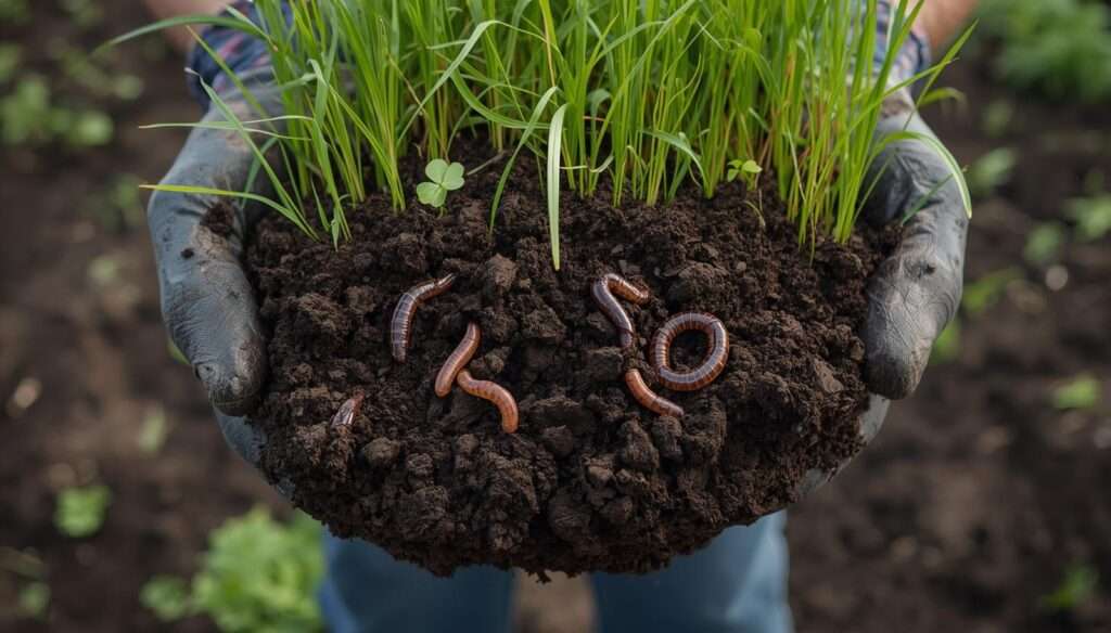 Close-up of rich, dark, aggregation-heavy topsoil with active earthworms, held by a regenerative farmer after successful rotational grazing.