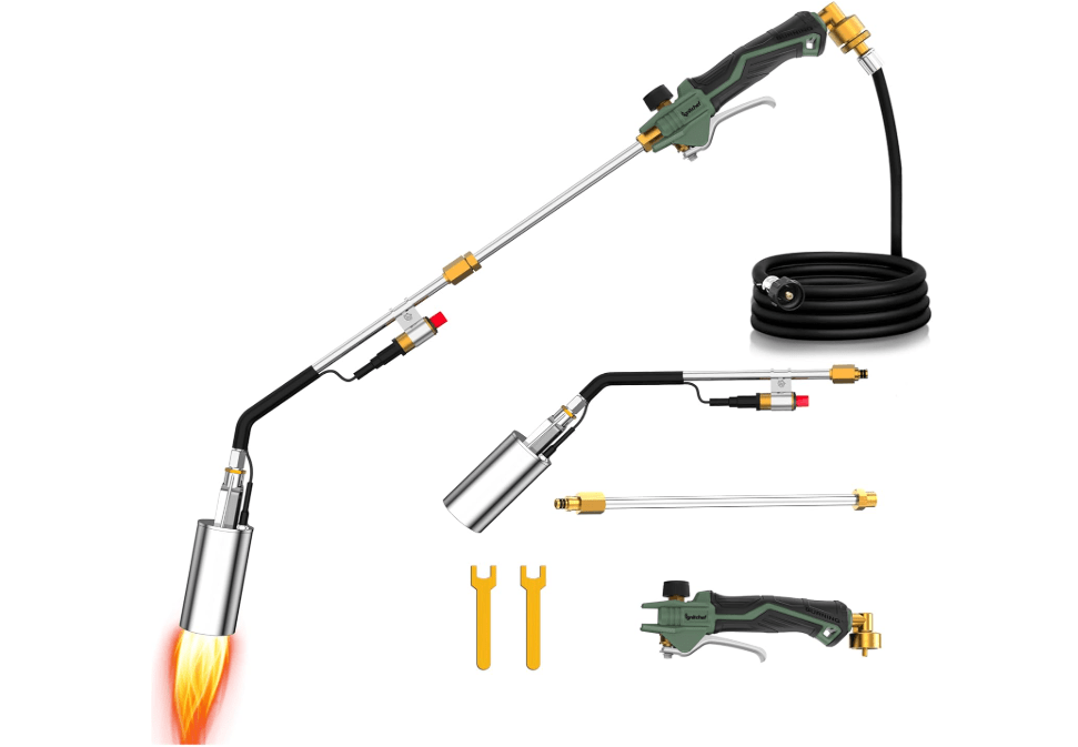 Propane Torch Weed Torch Kit Heavy Duty-340,000 BTU Weed Burner with 2 Extension Modes, Piezo Trigger(Self Igniting)&12.5ft Hose, Multi-Fuel Compatible(1lb-100lb) for Weeds, Ice Melting
