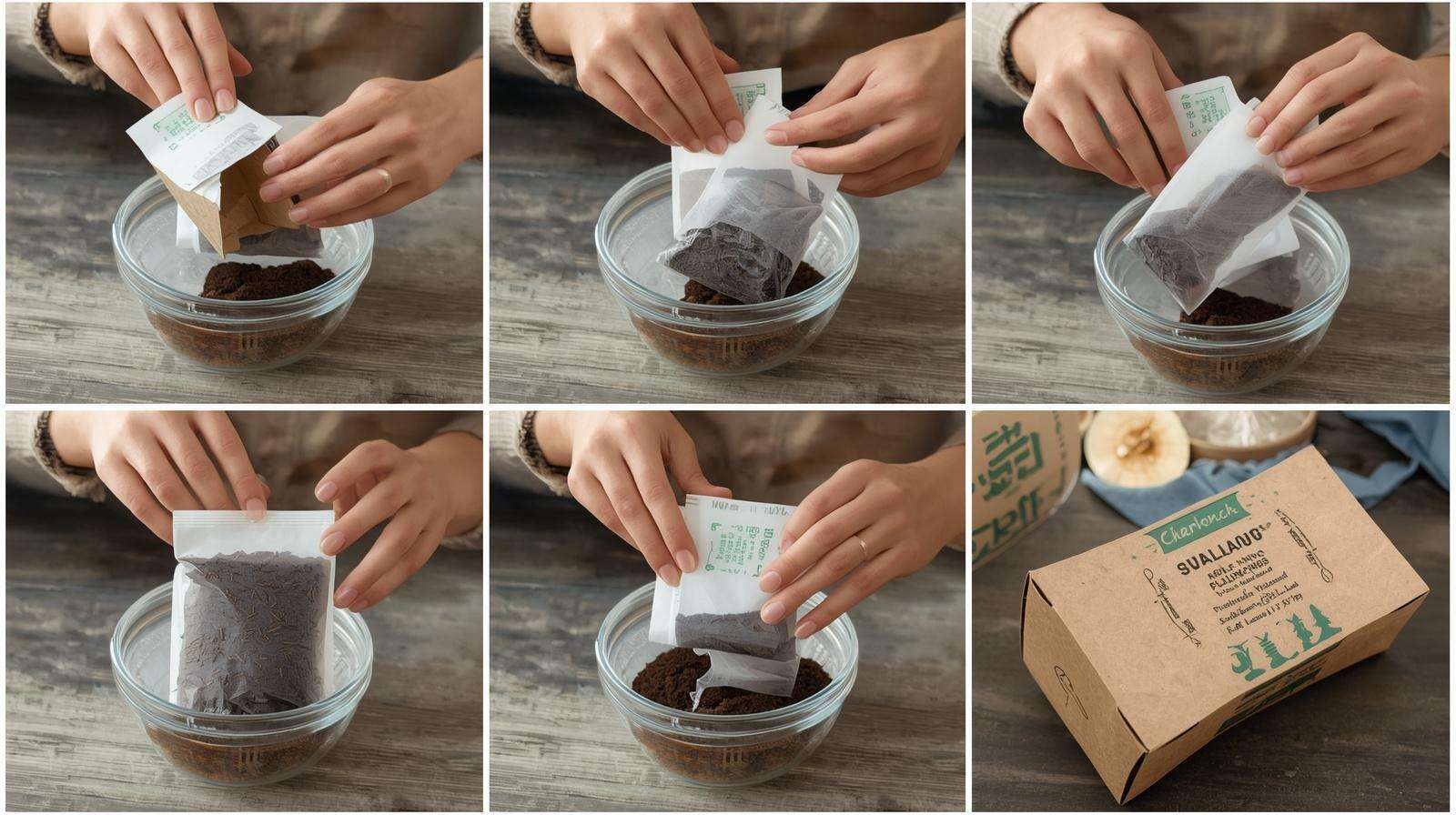 Tea bags and coffee grounds in the garden