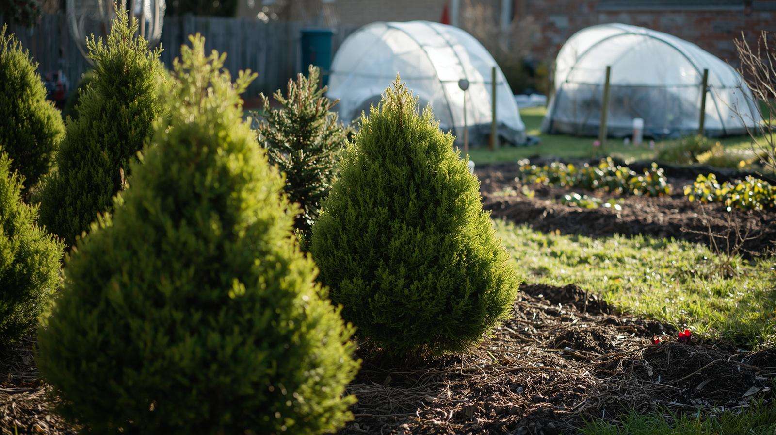 Resilient winter garden with mulched beds and protected plants