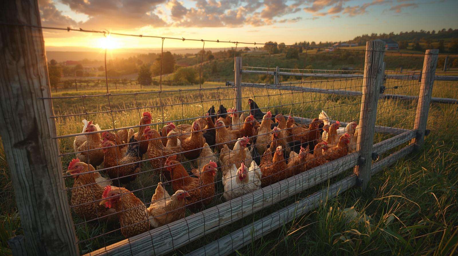 Electric poultry netting protecting chickens in an outdoor run