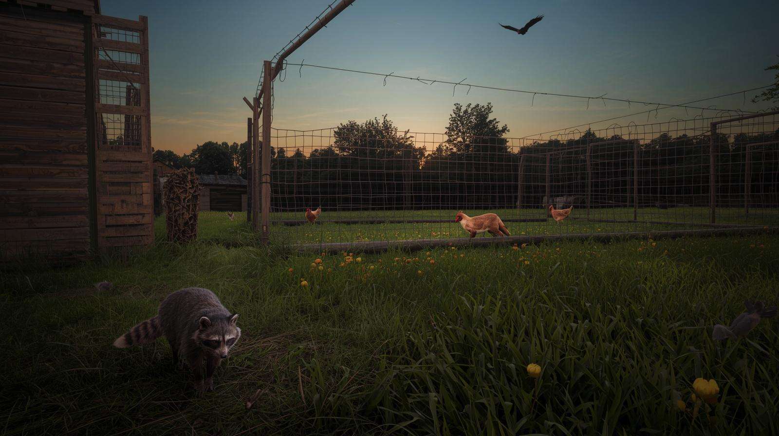 Common chicken predators including raccoon, fox, and hawk near a coop and run