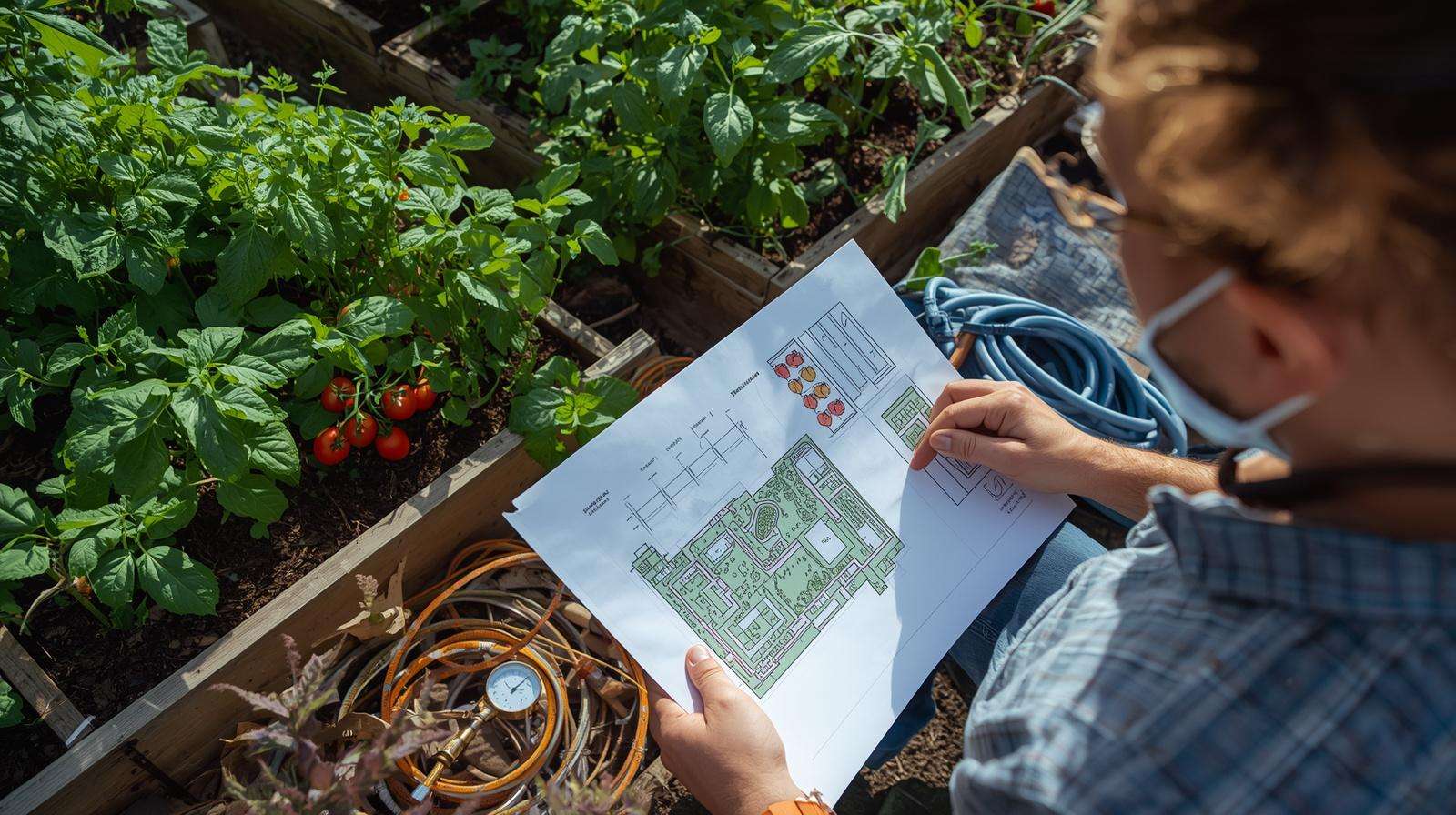 Gardener planning beginner drip irrigation layout for small vegetable garden
