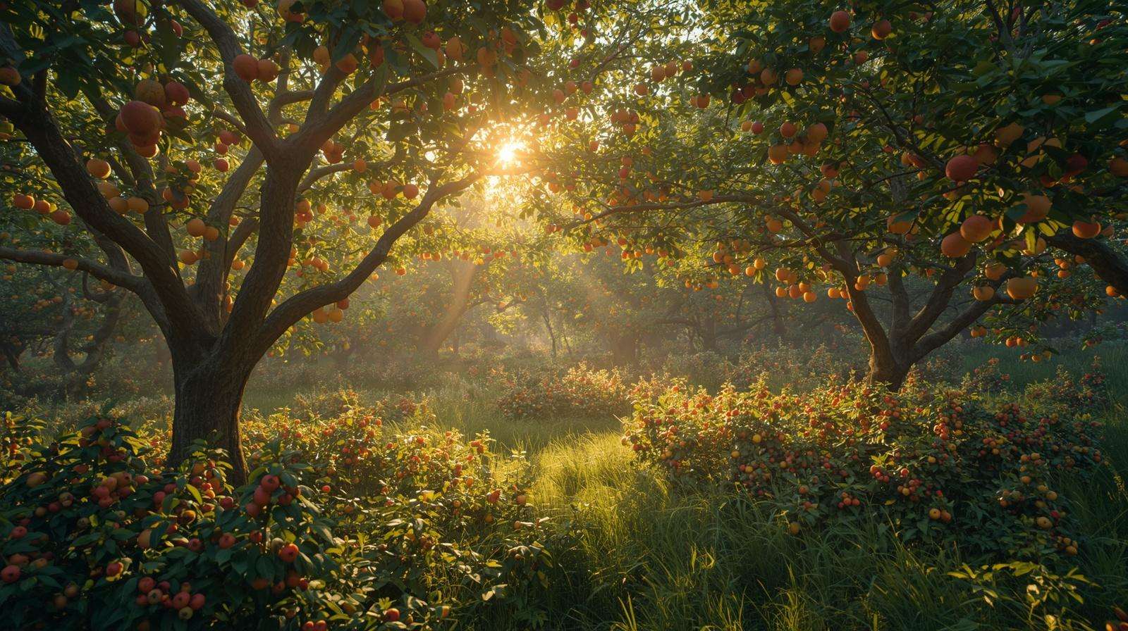 Mature perennial food forest full of fruit and berries in summer