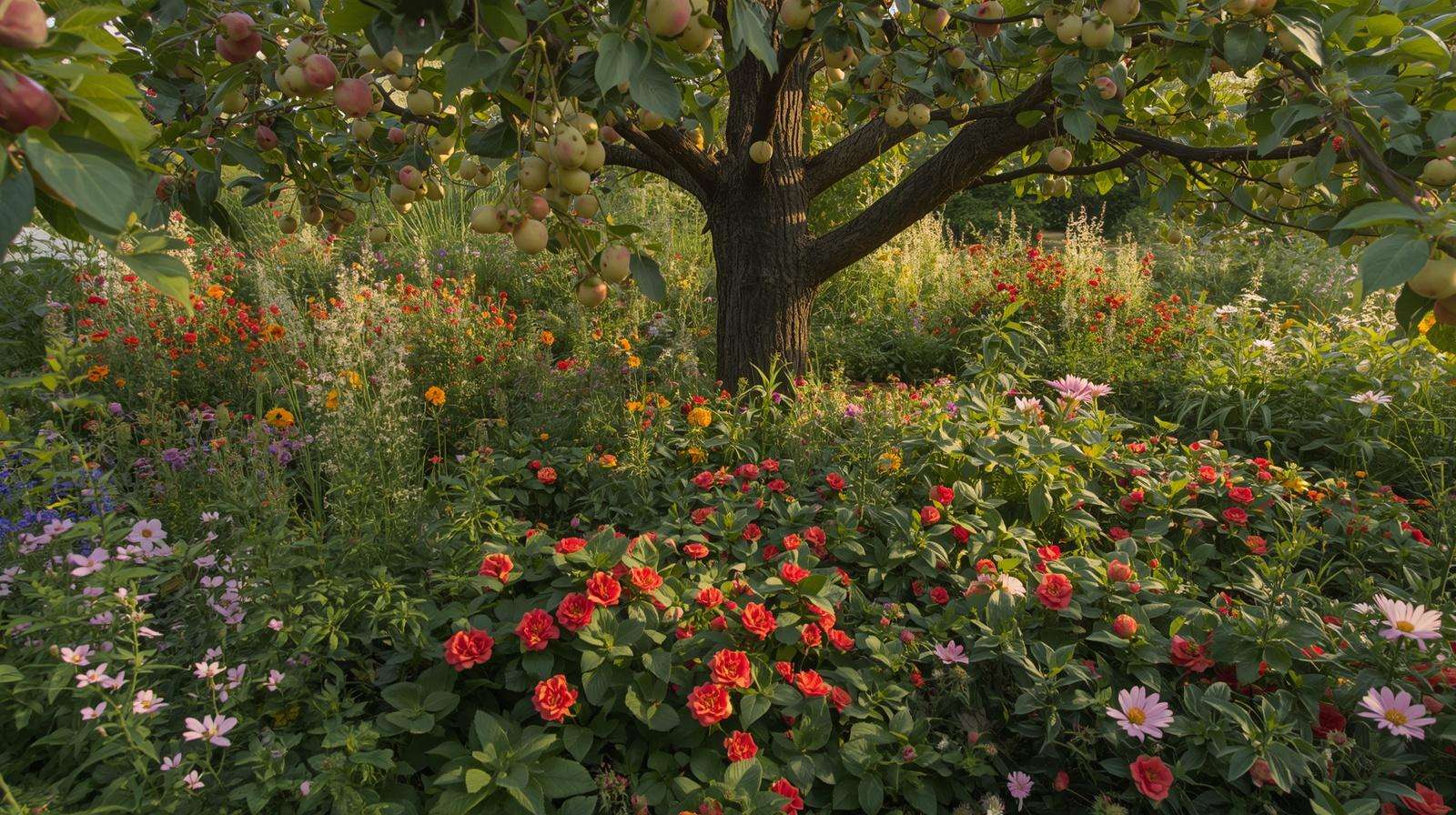 Plant guild in perennial food forest with fruit tree and companion plants