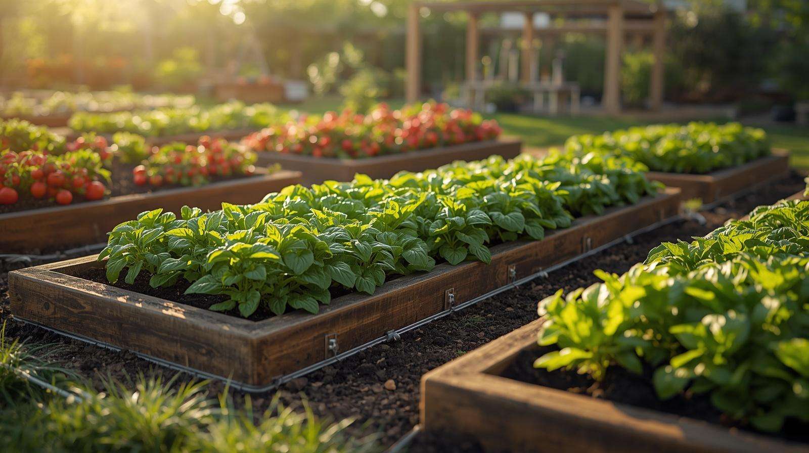 Beginner drip irrigation system watering raised vegetable garden beds with healthy plants