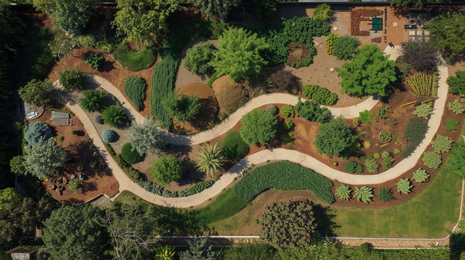 Aerial view of designed perennial food forest layout in backyard