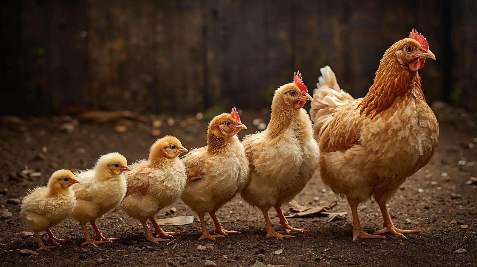 Growth stages of backyard meat chickens from chick to full size