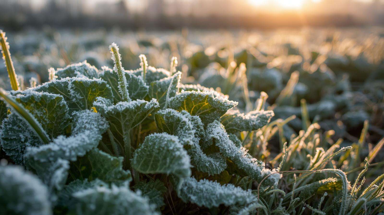 Light frost on vegetable garden plants in early spring morning