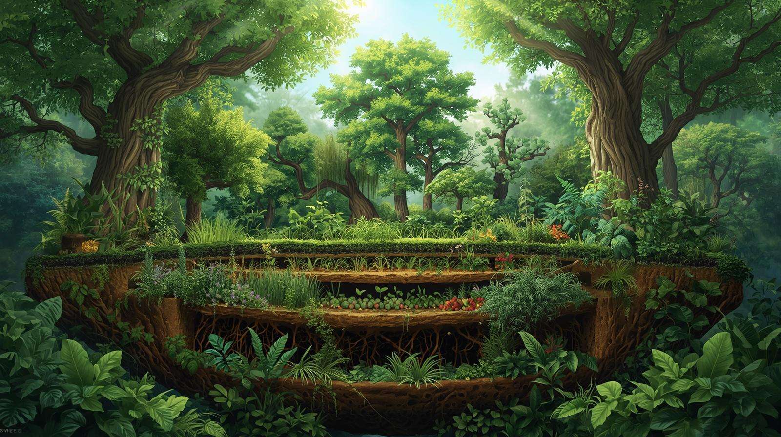 Seven layers of a perennial food forest showing canopy to ground cover