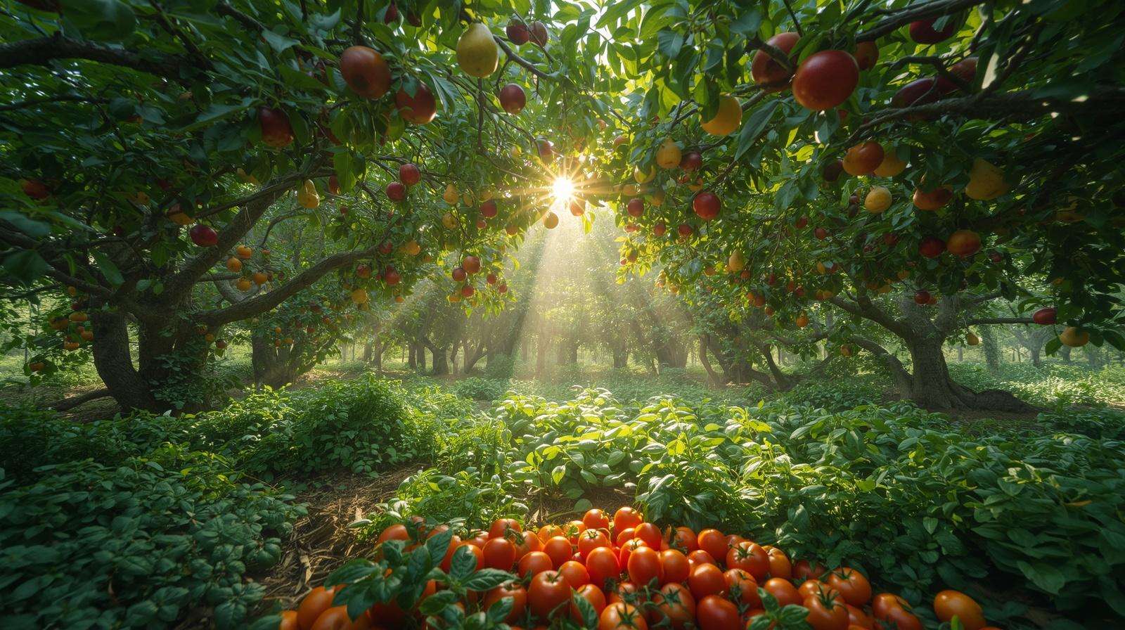 Abundant harvest in a mature perennial food forest garden