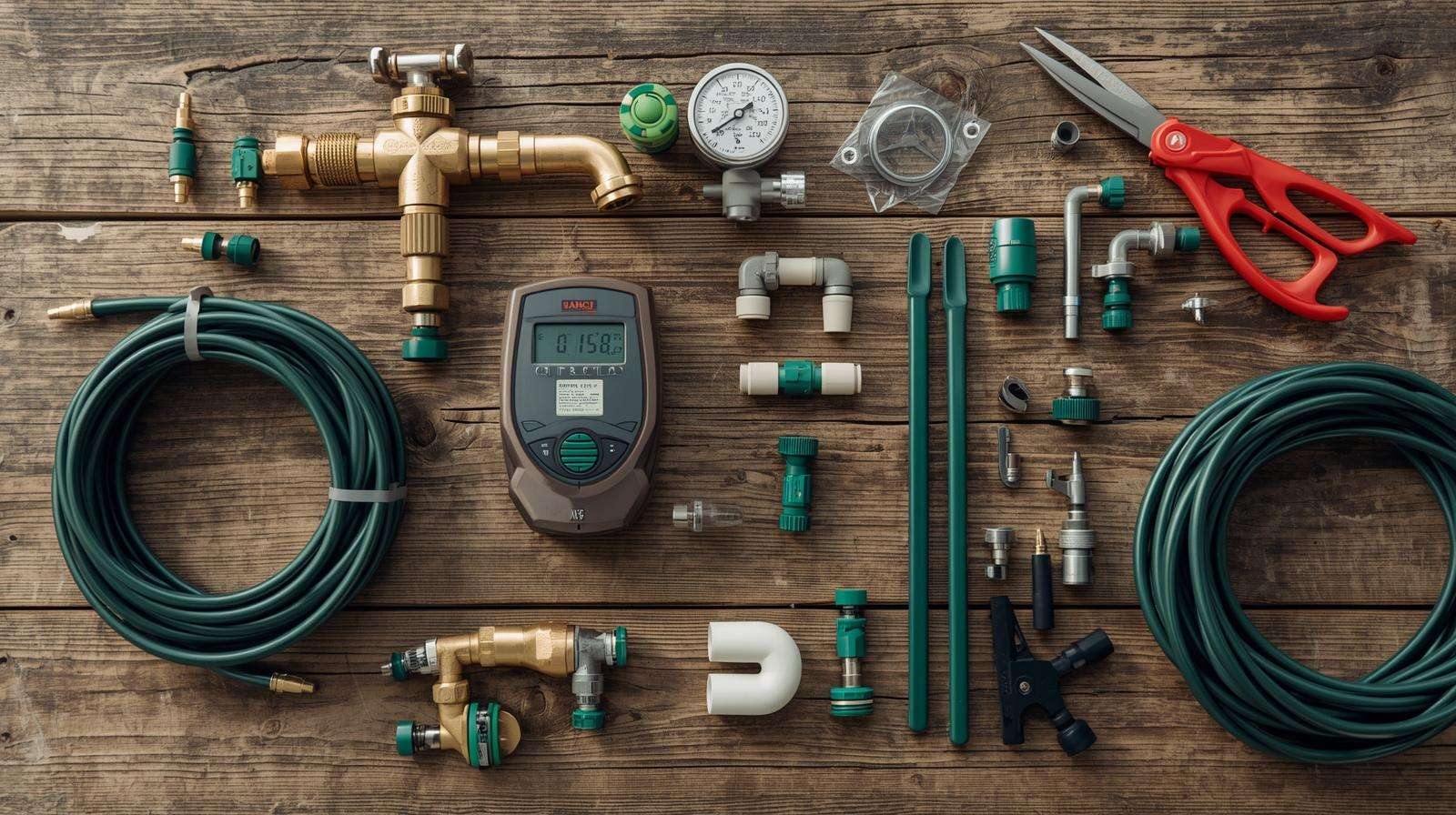 Essential beginner drip irrigation system parts and tools arranged for installation