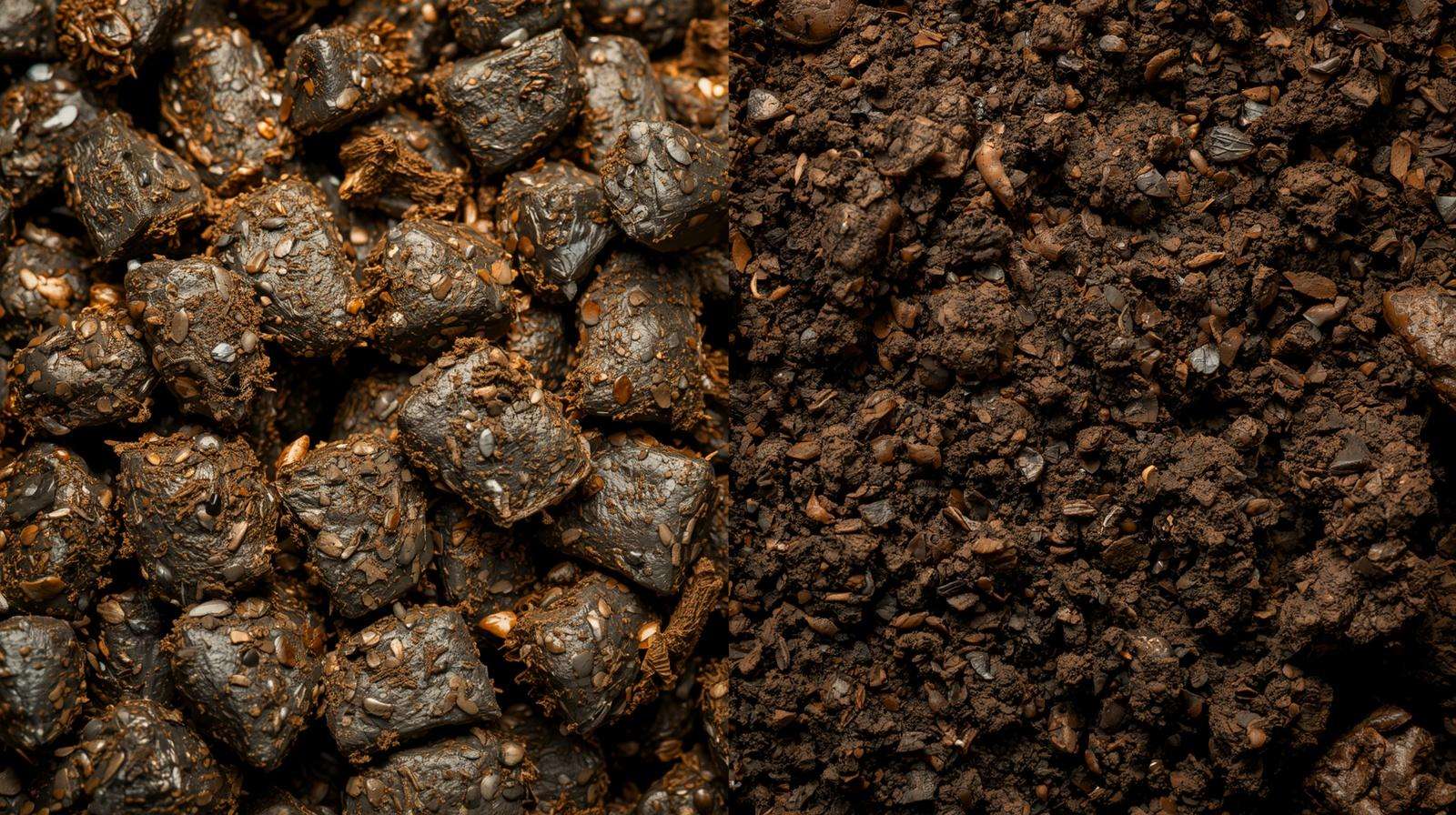 Fresh versus composted chicken manure showing texture and decomposition differences