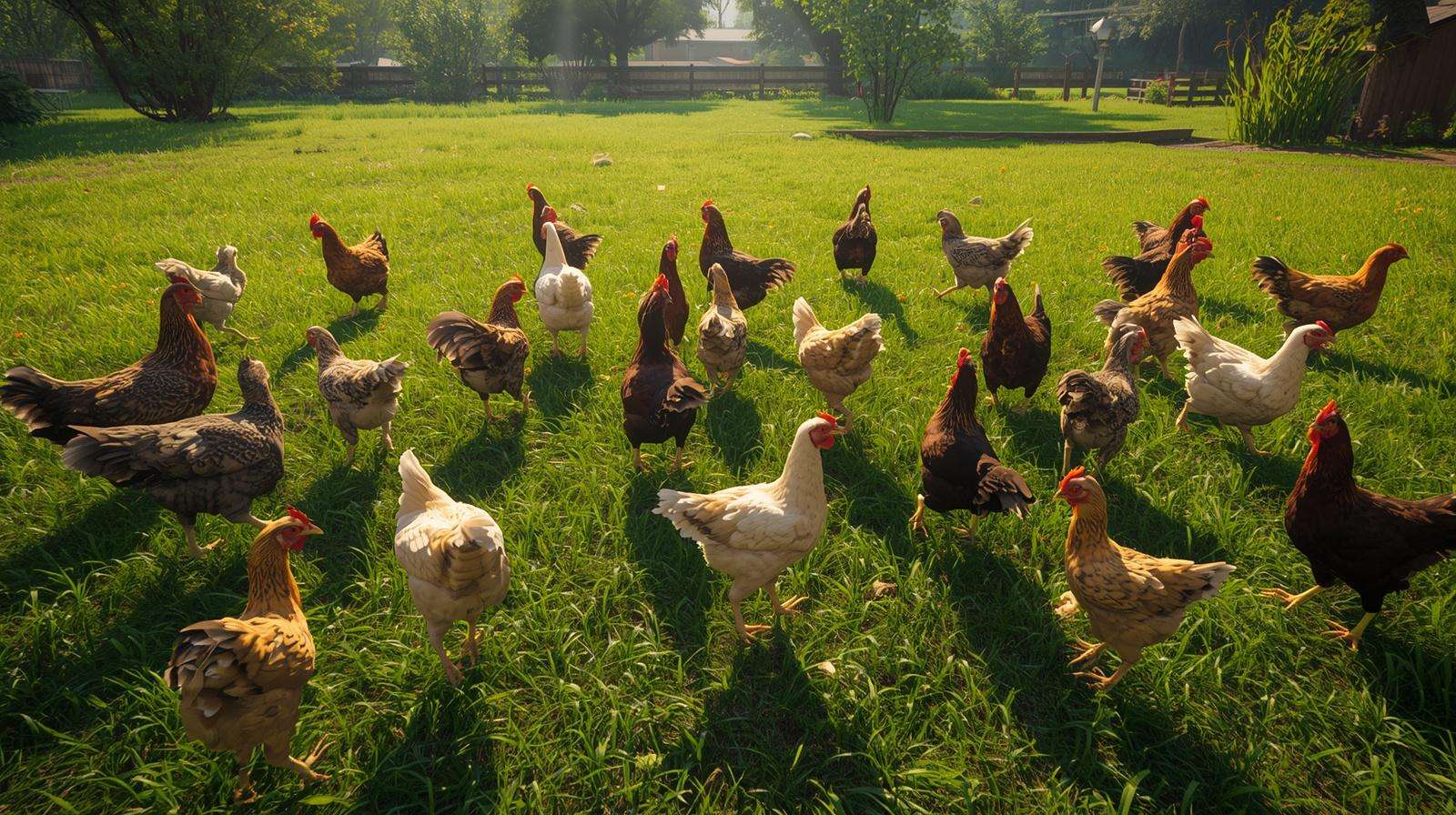 Free-range meat chickens in a grassy backyard environment