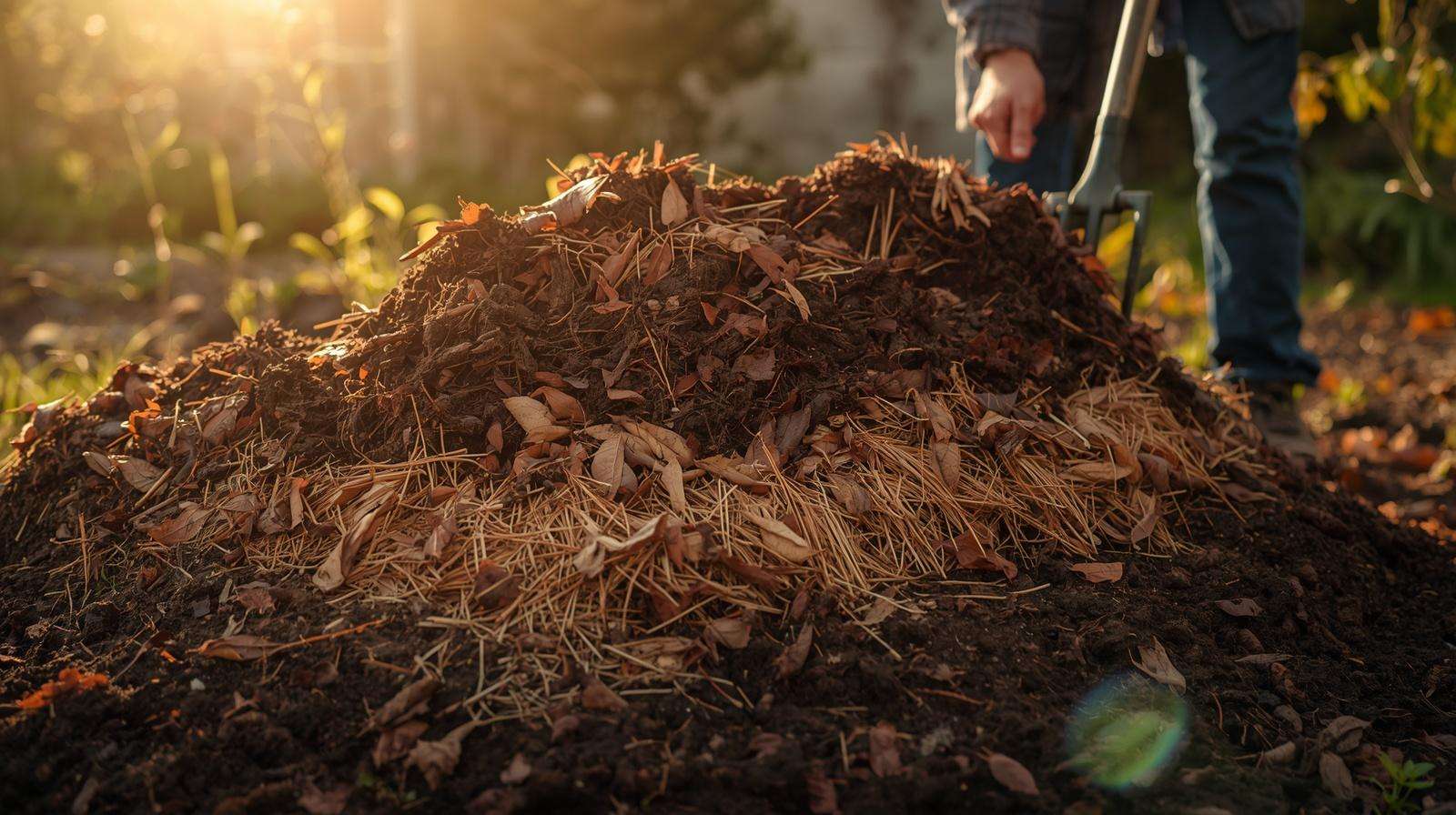 Composting chicken manure with straw and leaves in a backyard garden