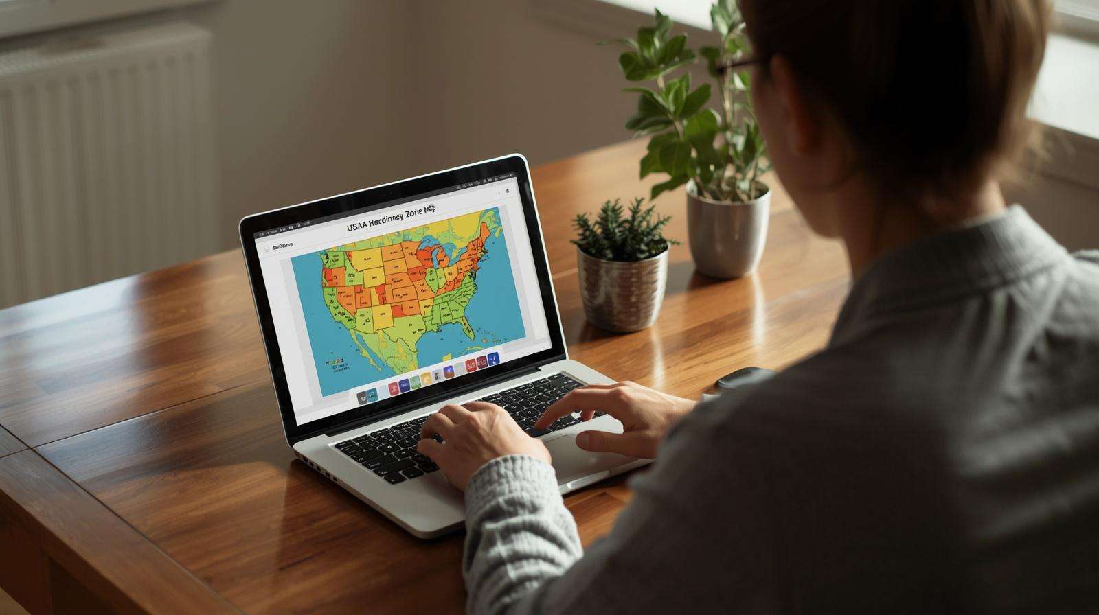 Gardener checking USDA hardiness zone on laptop computer