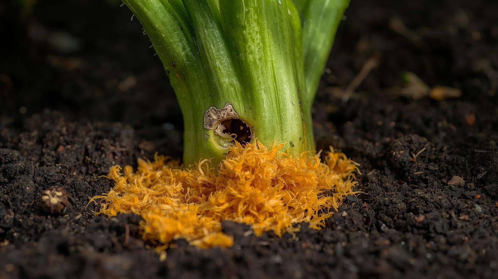A close-up of a squash vine borer entry hole with orange frass leaking from the stem.
