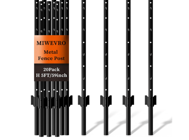 20 Pack Garden Fence Post, 5 Feet Heavy Duty Metal U-Post for Wire Fence, No Dig Garden Fence Stakes for Temporary Fencing, Electric Fence
