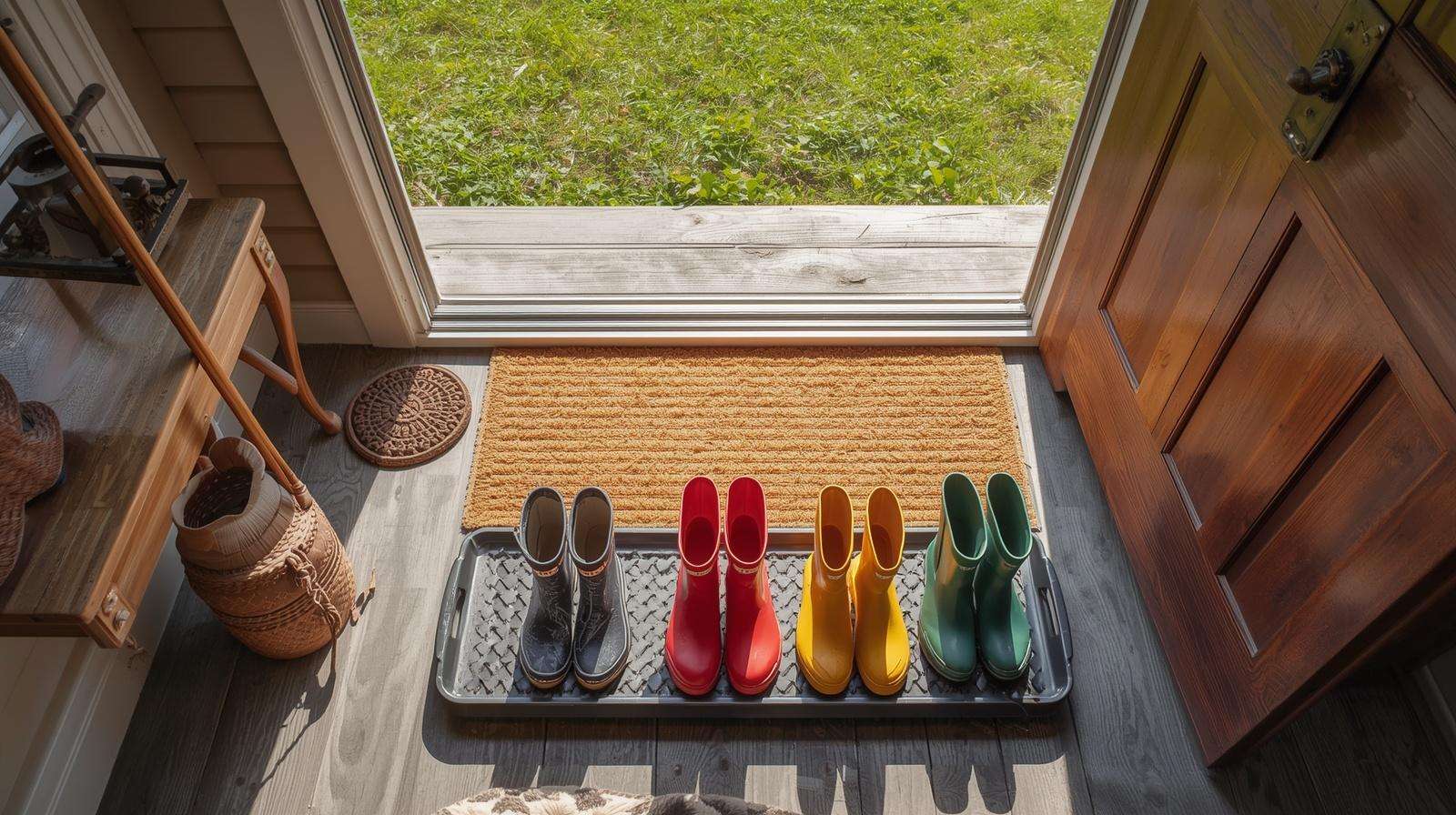 A mudroom entry station with a boot bench and rubber boots to prevent tracking chicken manure into the house.