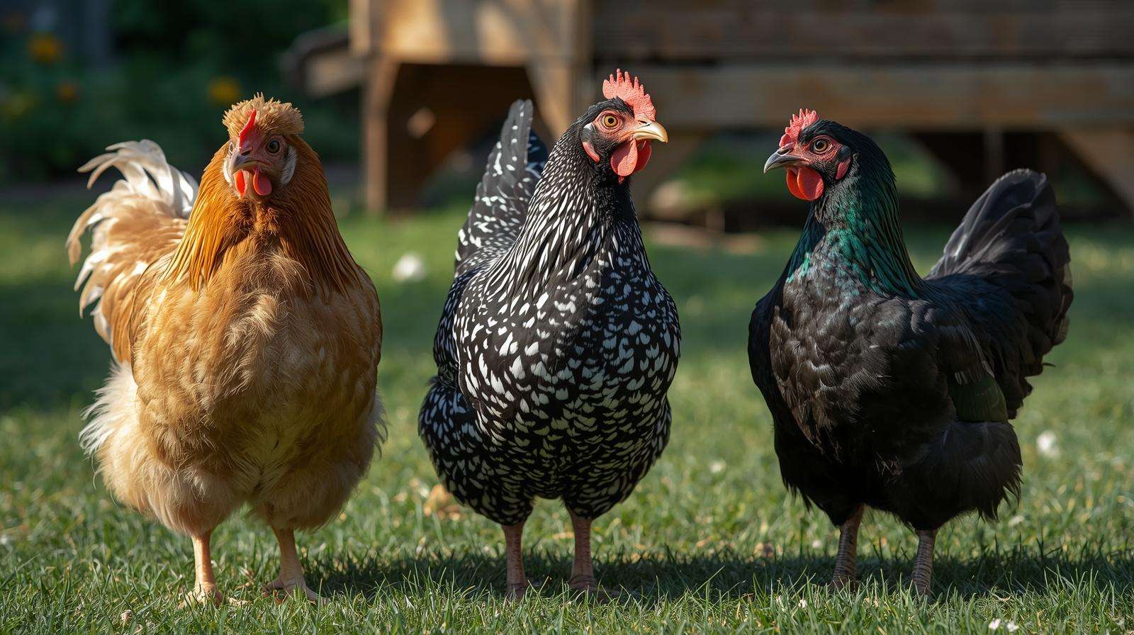 A group of beginner-friendly chicken breeds including a Buff Orpington, Barred Rock, and Black Australorp on a lawn.