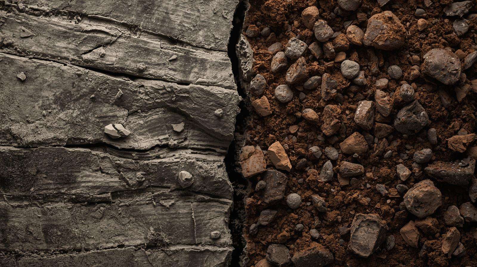 A side-by-side comparison of compacted flat clay plates and loose flocculated soil aggregates.