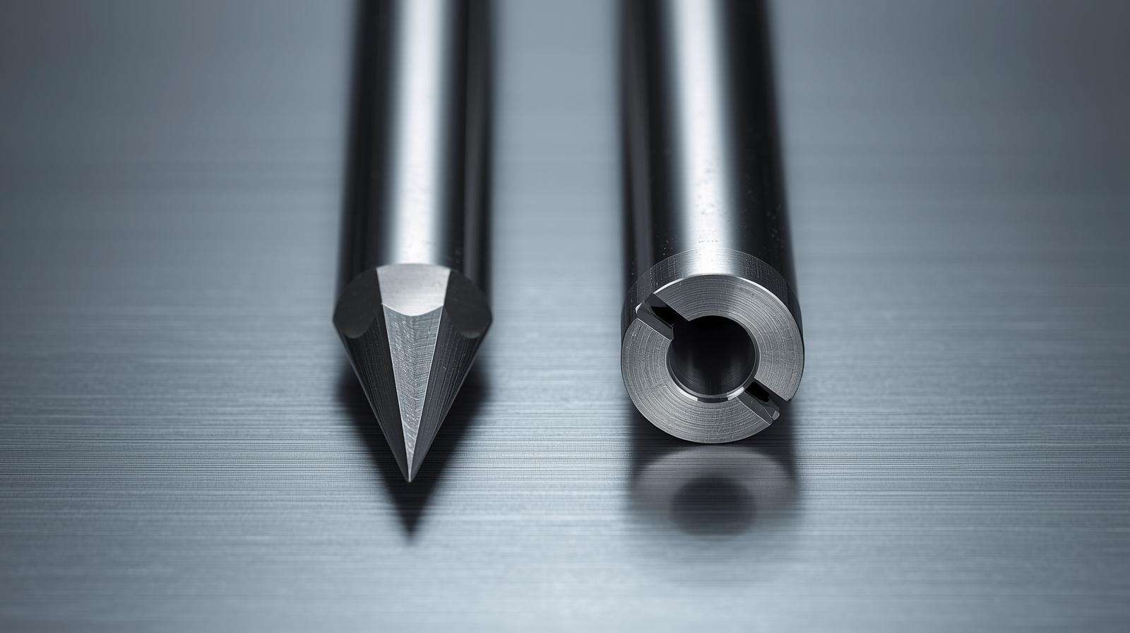 A comparison of a standard tapered cutting tip and a heavy clay relief tip on a stainless steel soil testing probe.