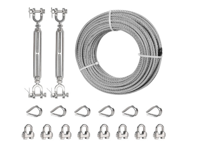 50FT 1/4" Wire Rope Kit, Stainless Steel Cable with 2 Pcs 5/16 Turnbuckle, Wire Rope Clamp & Thimble, 6400lbs Breaking Strength, 7X19 Strands Heavy Duty Cable for Zipline, Trailers