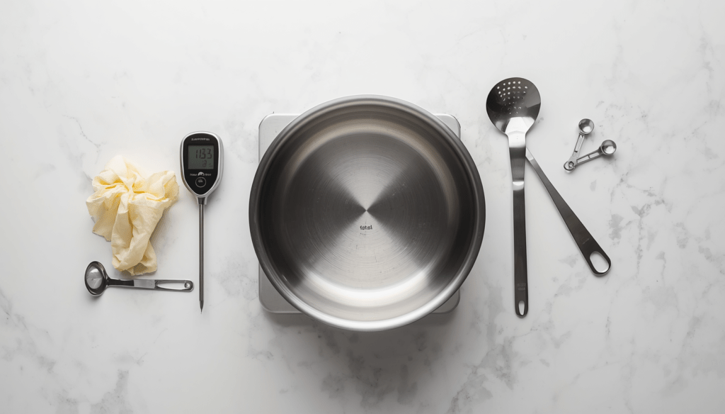 Stainless steel stockpot and digital thermometer for beginner cheesemaking kit.