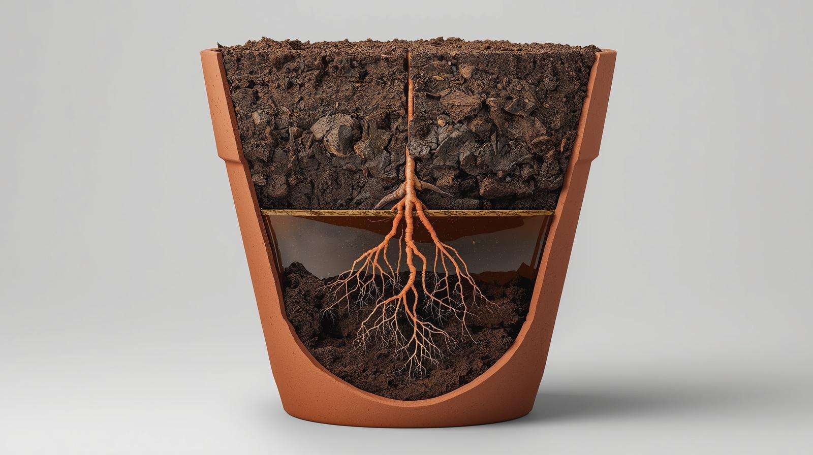 A cross-section of a garden pot showing a waterlogged perched water table saturated at the bottom.